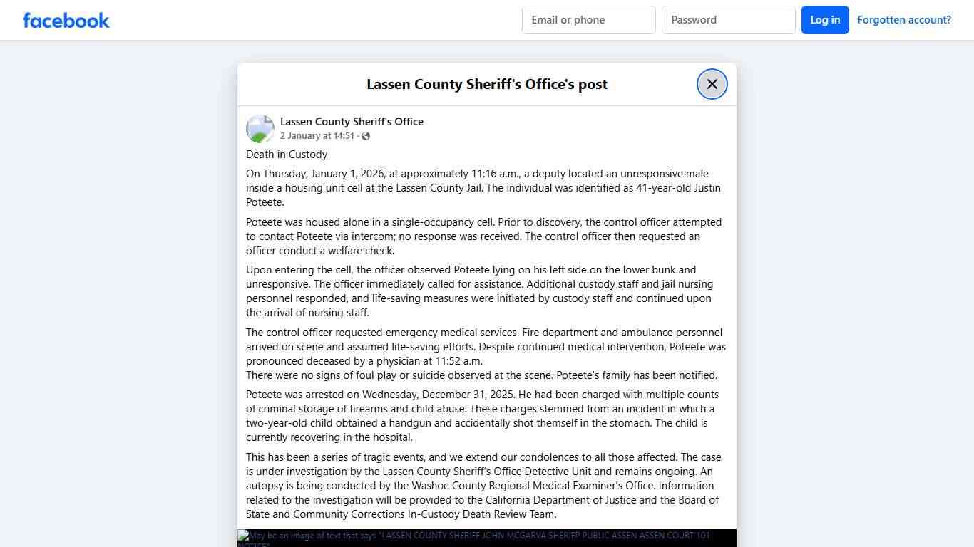 Death in Custody On... - Lassen County Sheriff's Office Facebook